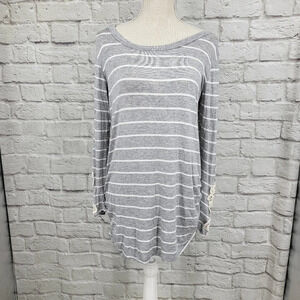 VANILLA BAY | Gray & White Striped Crochet Sleeve Ruched Side Top Sz Medium